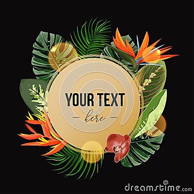 Shining design template with tropical plants. Golden frame with natural elements. Vector Illustration