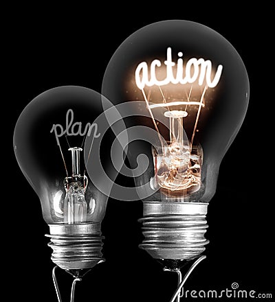 Light Bulbs with Plan and Action Concept Stock Photo