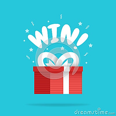 Shining gift box with Win sign and stars, present box with ribbon, surprising big gift, reward program, special prize Cartoon Illustration