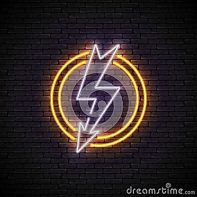 Shining and glowing white lightning neon sign in yellow circle on brick wall Vector Illustration