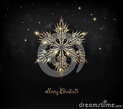 Shining gold texture Snowflake on the black. Vector Illustration