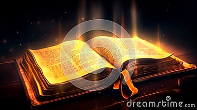 Shining Holy Bible - Ancient Book banner, illuminated message. Generative AI Stock Photo