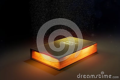 Shining Holy Bible isolated on black background Cartoon Illustration