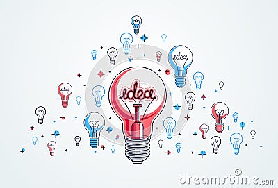 Shining light bulb and set of lightbulb icons, ideas creative concept, brainstorm allegory. Vector Illustration