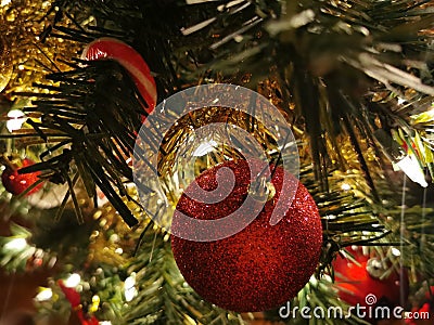Shining red balls and other decorations Stock Photo