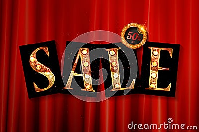 Shining sale on red curtain. Cartoon Illustration