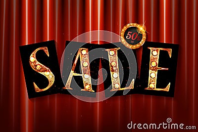 Shining sale on red curtain. Cartoon Illustration