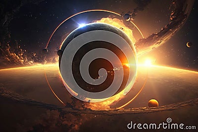 A shining sun surrounded by a ring of glowing planets Zodiac Astrology concept. AI generation Stock Photo