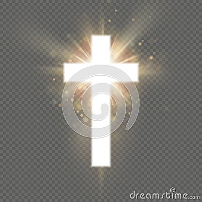 Shining white cross effect on transparent background. Shining saint cross. Riligious symbol. Easter and Christmas sign Vector Illustration