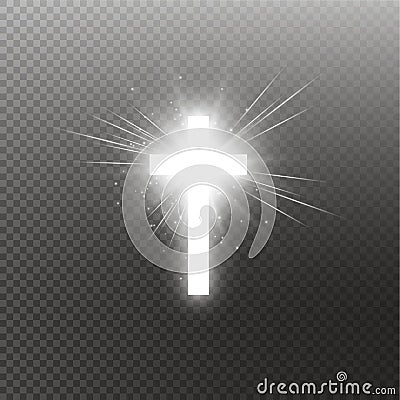 Shining white cross and sunlight special lens flare light effect on transparent background. Glowing saint cross. Vector Vector Illustration