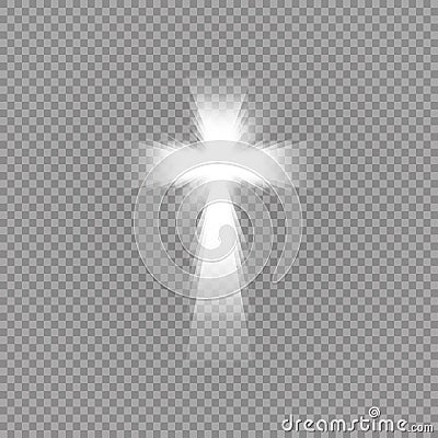 Shining white cross and sunlight special lens flare light effect on transparent background. Glowing saint cross. Vector Vector Illustration