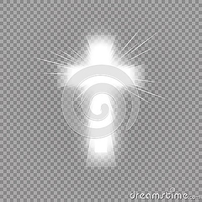Shining white cross and sunlight special lens flare light effect on transparent background. Glowing saint cross. Vector Vector Illustration