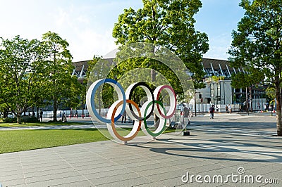 Shinjuku City, Tokyo, Japan - June 12, 2021: Olympic Rings in front of New National Stadium also called Tokyo Olympic Stadium Editorial Stock Photo