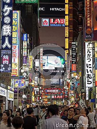 Shinjuku, Japan - 8 9 19: The neon signs of Kabukicho lit up at night in Tokyo Editorial Stock Photo