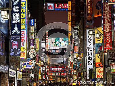 Shinjuku, Japan - 8 9 19: The neon signs of Kabukicho lit up at night in Tokyo Editorial Stock Photo