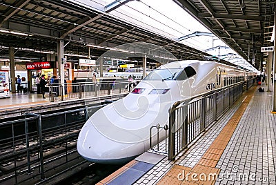 Shinkansen bullet train at JR Kyoto Station. Editorial Stock Photo