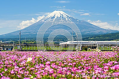 Shinkansen bullet train at Mountain Fuji Editorial Stock Photo
