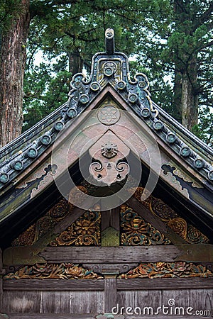 Roof ornaments of ShinkyushaSacred Stable in Toshogu Shrine,Nikko,Japan. Stock Photo