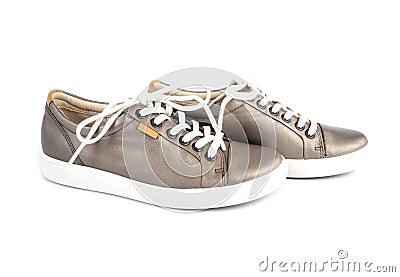 Shinny Brown Leather Sneakers With White Lace 1 Stock Photo