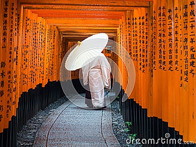 Shinto Priest in Fushimi-Inari-Taisha Shrine Stock Photo