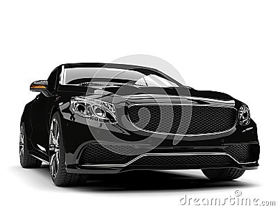 Shiny black modern luxury convertible car - front view closeup shot Stock Photo