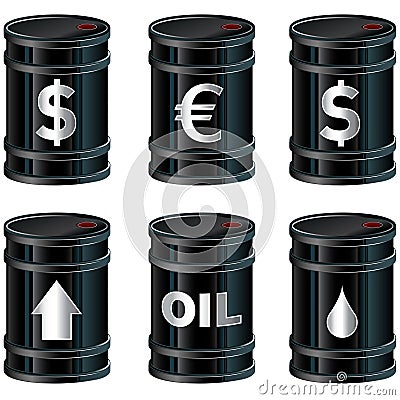 Shiny Black Oil Barrels With Symbols Vector Illustration