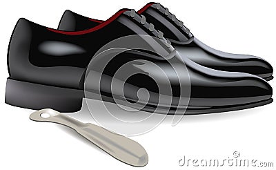 Shiny black reception shoes with shoehorn Vector Illustration