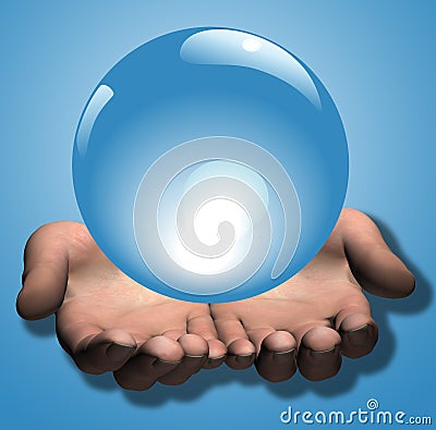 Shiny Blue Crystal Ball in Hands Stock Photo