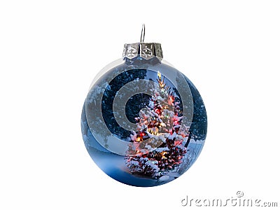 Shiny Blue Holiday Ornament Reflects Brightly Lit Colorful Christmas Tree Stock Photo