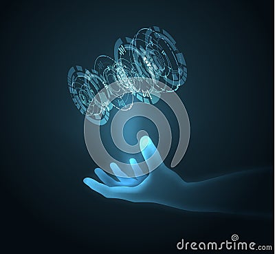 Shiny blue technology vector background with hand holding energy ball. EPS10 Vector Illustration