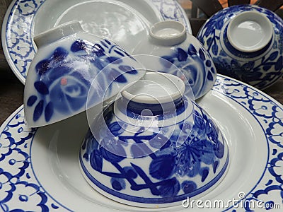 Shiny blue and white fine China bowl and plate tableware Stock Photo