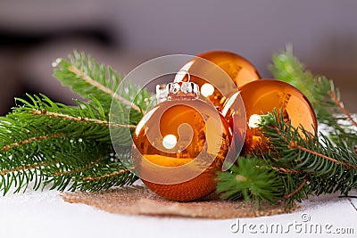 Shiny bright copper colored Christmas balls Stock Photo