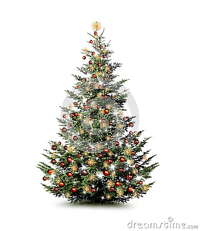 Brightly decorated Christmas tree isolated on white background Stock Photo