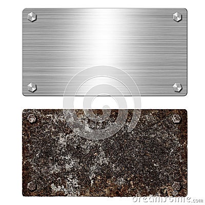 Shiny brushed metal aluminum or steel signboard. Rusty steel plate. Texture and background of polished shiny and rusty metal Stock Photo