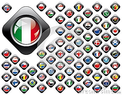 Shiny button flags with black frame collection Cartoon Illustration