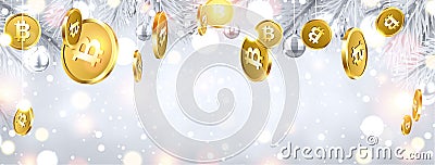 Shiny winter banner with gold bitcoins. Vector Illustration