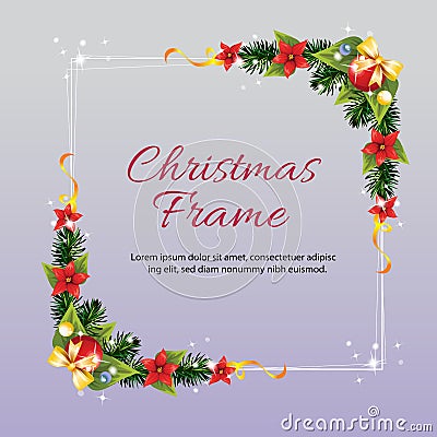 Shiny christmas frame square border poinsettia decoration Vector Illustration