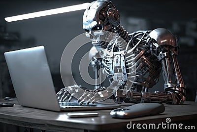 Shiny chrome exoskeleton android robot typing on a laptop. AI generated Stock Photo