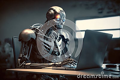 Shiny chrome exoskeleton android robot typing on a laptop. AI generated Stock Photo