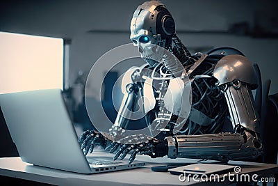 Shiny chrome exoskeleton android robot typing on a laptop. AI generated Stock Photo