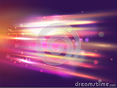Shiny colourful speed lines on abstract bokeh motion background. Stock Photo
