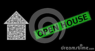 Scratched Open House Imprint and Hatched House Mesh with Bright Glare Spots Vector Illustration