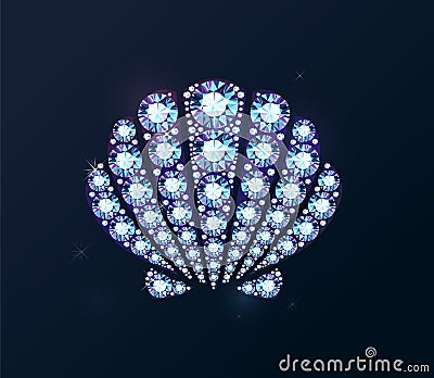 Shiny diamond holographic shell on dark background Vector Illustration