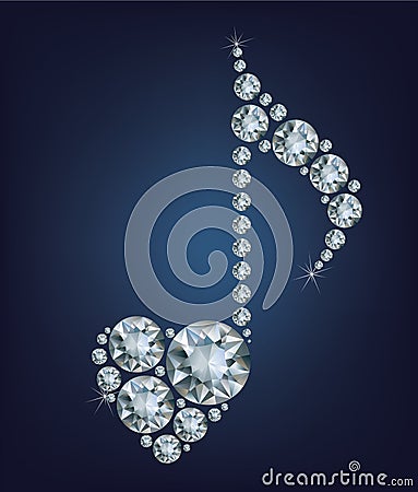 Shiny Diamond Music Note symbol with heart made a lot of diamonds Vector Illustration