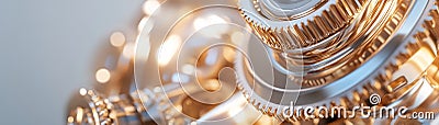 Shiny engine components and gears are arranged neatly on a metallic surface. The gradient background provides a sleek Stock Photo