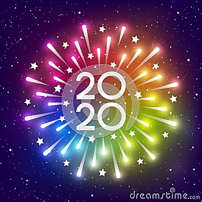 Shiny fireworks on rainbow starry sky background for 2020 New Year design Vector Illustration