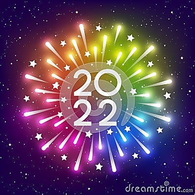 Shiny fireworks on rainbow starry sky background for 2022 New Year design Vector Illustration