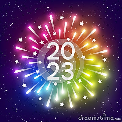 Shiny fireworks on rainbow starry sky background for 2023 New Year design Vector Illustration