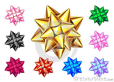 Shiny gift bow isolated on white background. Blue, golden, red, green, pink, black, purple Christmas, New Year decoration. Vector Vector Illustration