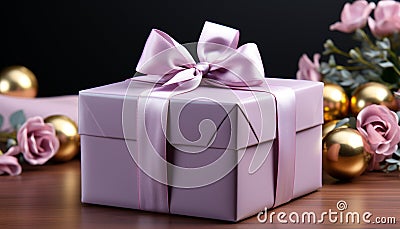 Shiny gift box wrapped in ornate purple wrapping paper generated by AI Stock Photo